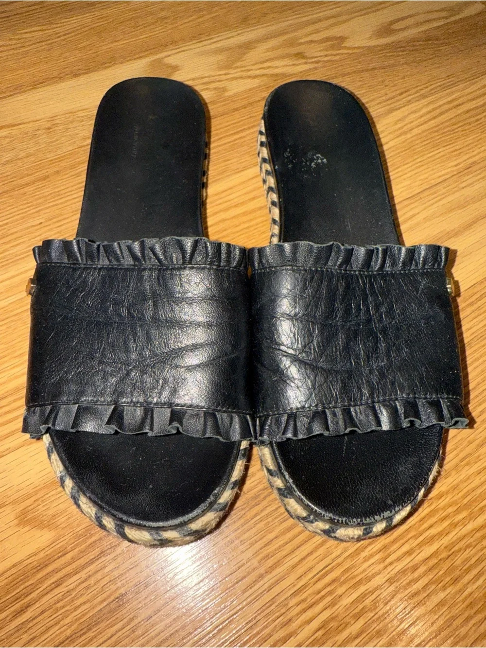 Kate Spade New York Zahara slide sandals black leather ruffle trim jute sole